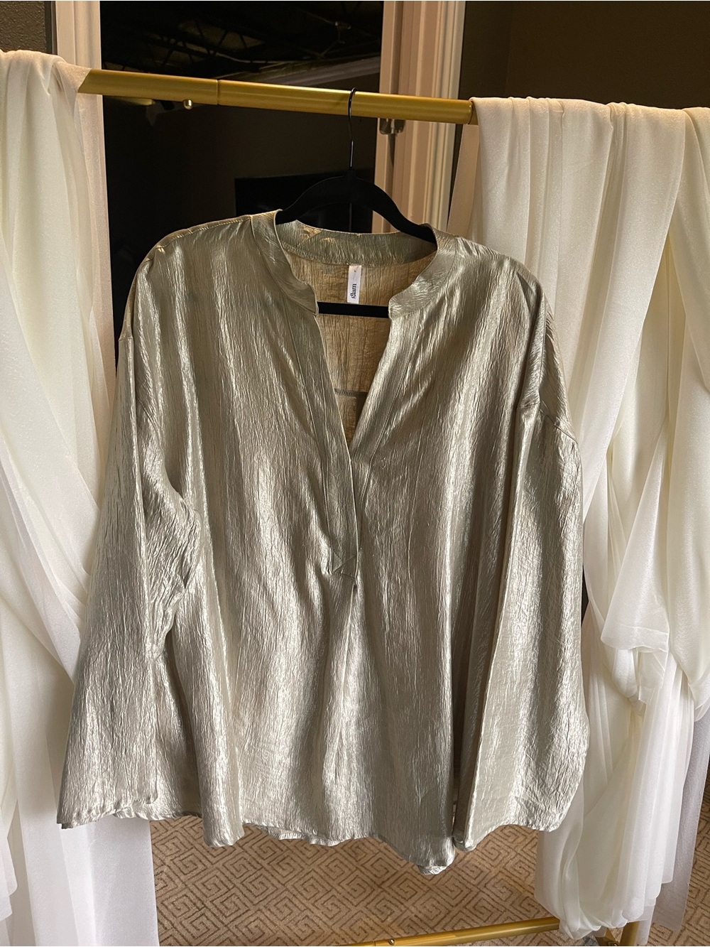 Metallic Champagne Women's V-Neck Long-Sleeve Blouse